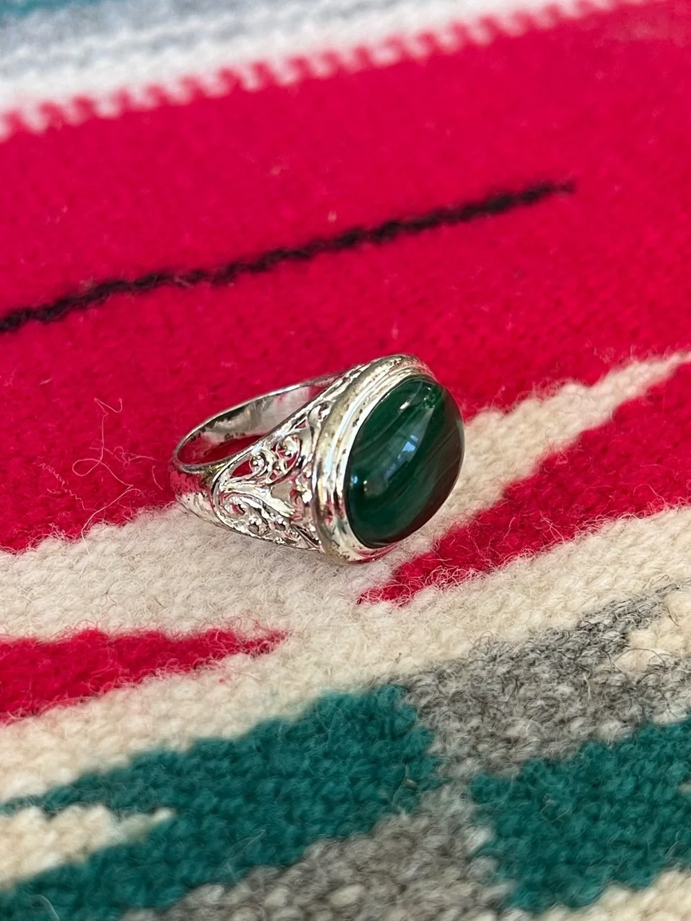 Sterling Silver Malachite Cabochon Estate Ring – Ornate Filigree – Size 6